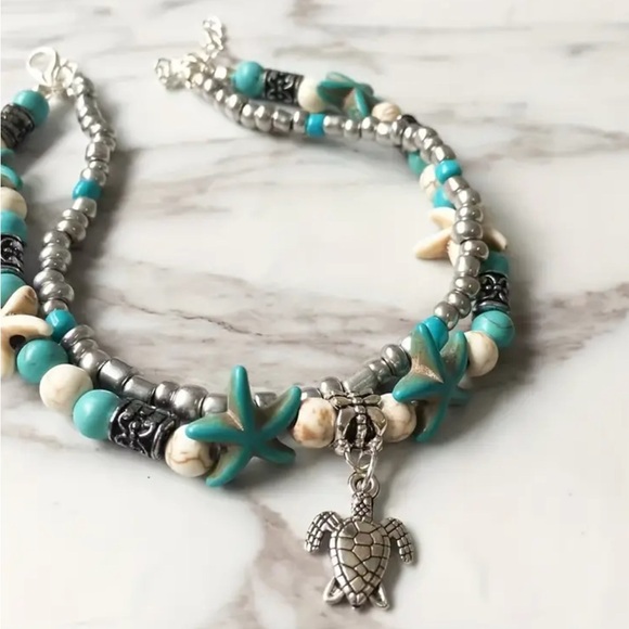 Boho Beach Coastal Vibes Beaded Anklet Turtle Charms - Turquoise Accents NEW - Picture 2 of 3